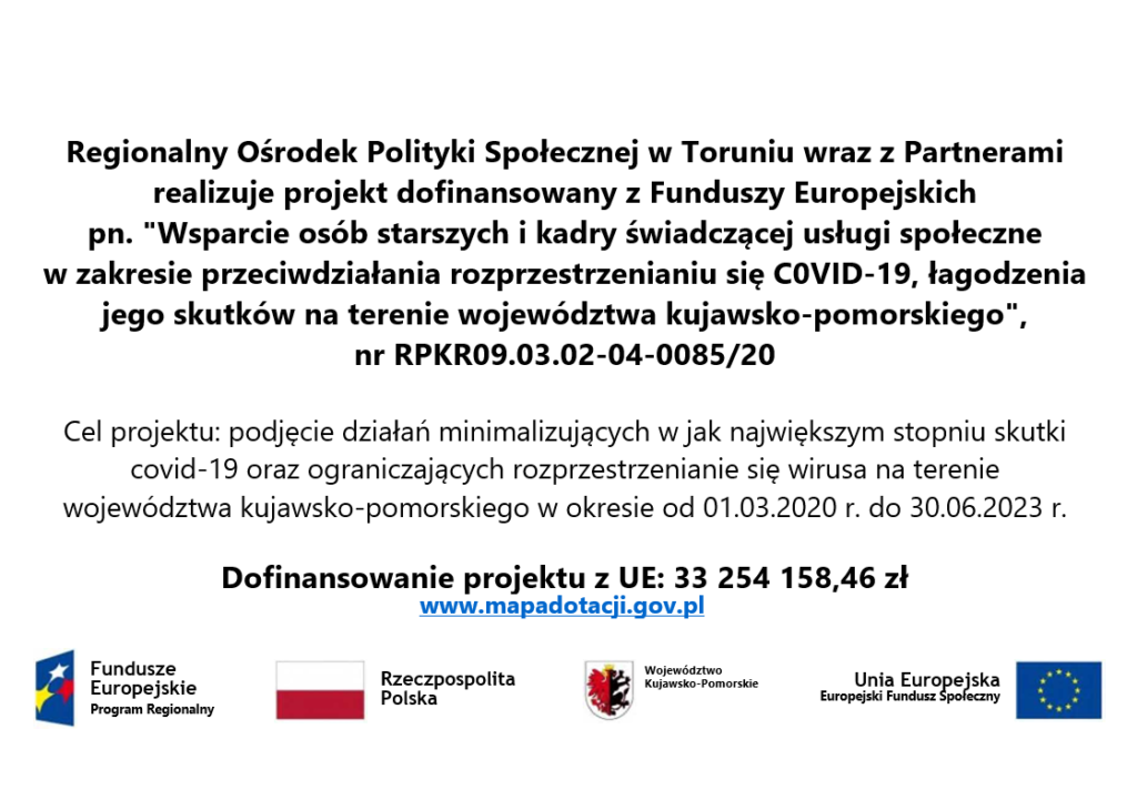 Wsparcie osób starszych i kadry świadczącej usługi społeczne w zakresie przeciwdziałania rozprzestrzenianiu się COVID-19, łagodzenia jego skutków na terenie województwa kujawsko-pomorskiego